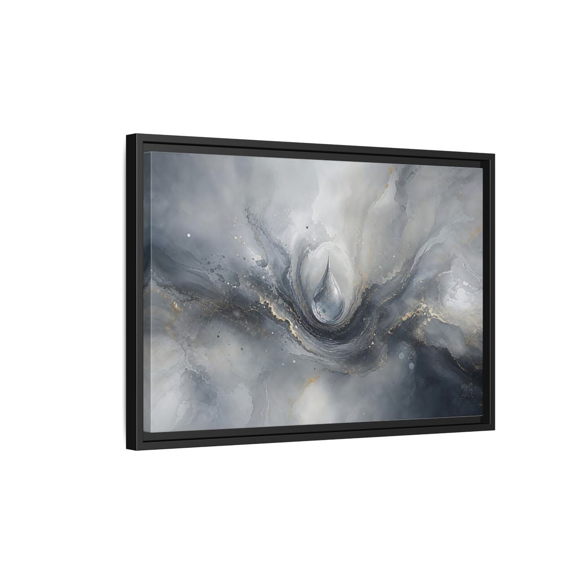 Side Mockup 3. Abstract Water Drop Gray And Gold shown as stretched canvas wall art