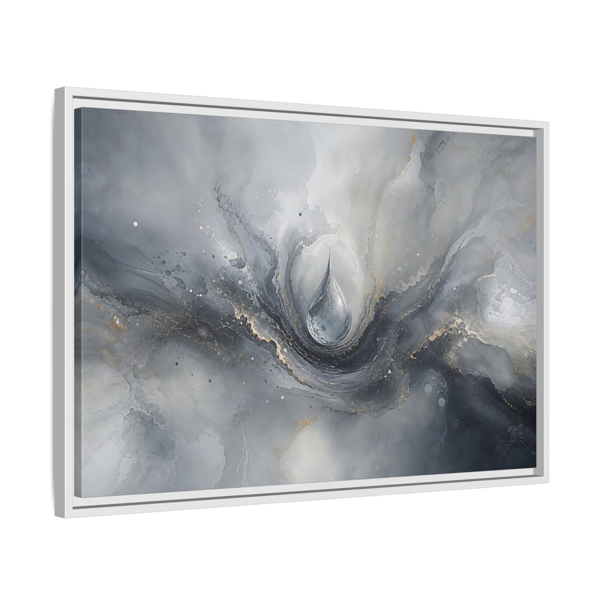 Side Mockup 10. Abstract Water Drop Gray And Gold shown as stretched canvas wall art