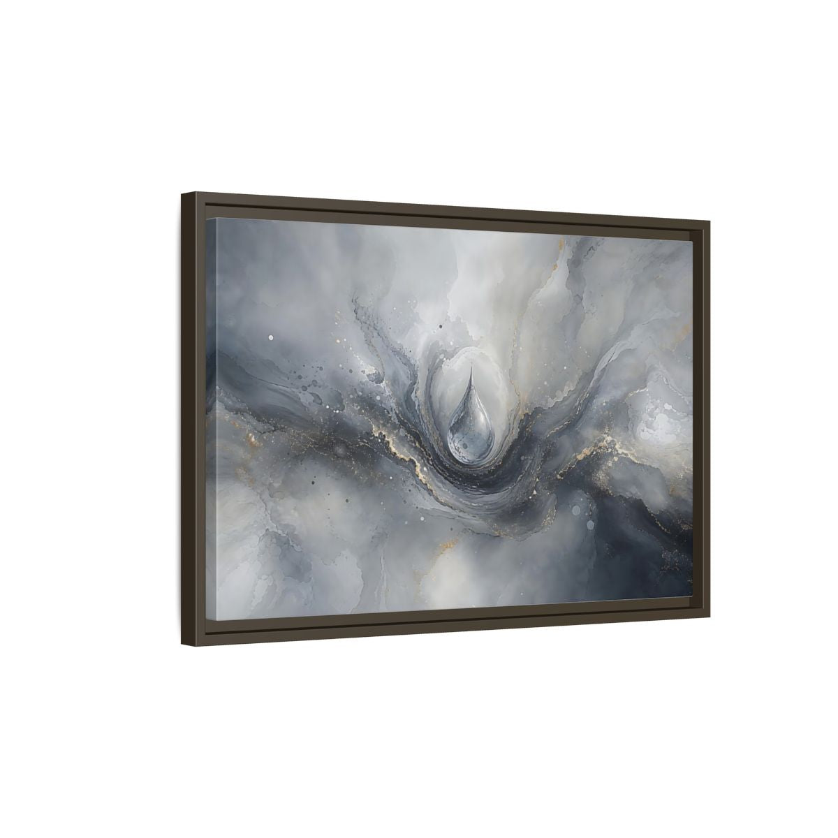 Side Mockup 2. Abstract Water Drop Gray And Gold shown as stretched canvas wall art