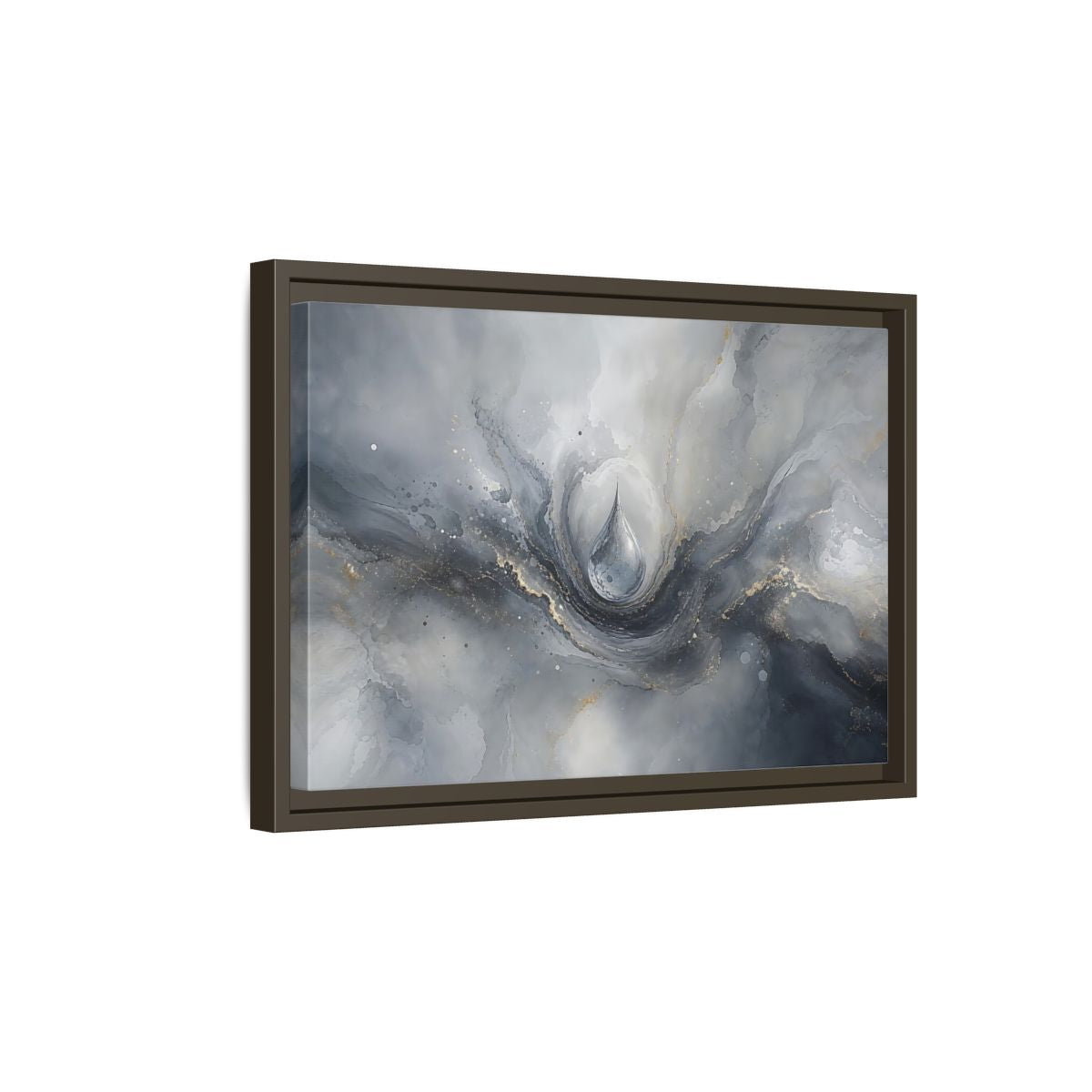 Side Mockup 5. Abstract Water Drop Gray And Gold shown as stretched canvas wall art