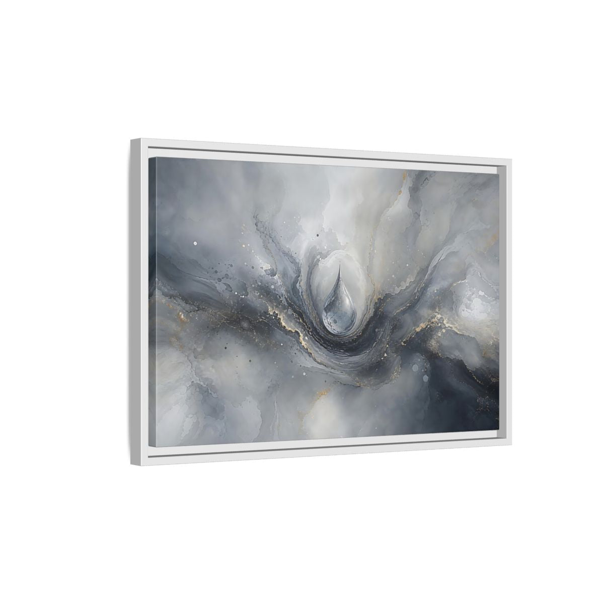 Side Mockup 1. Abstract Water Drop Gray And Gold shown as stretched canvas wall art