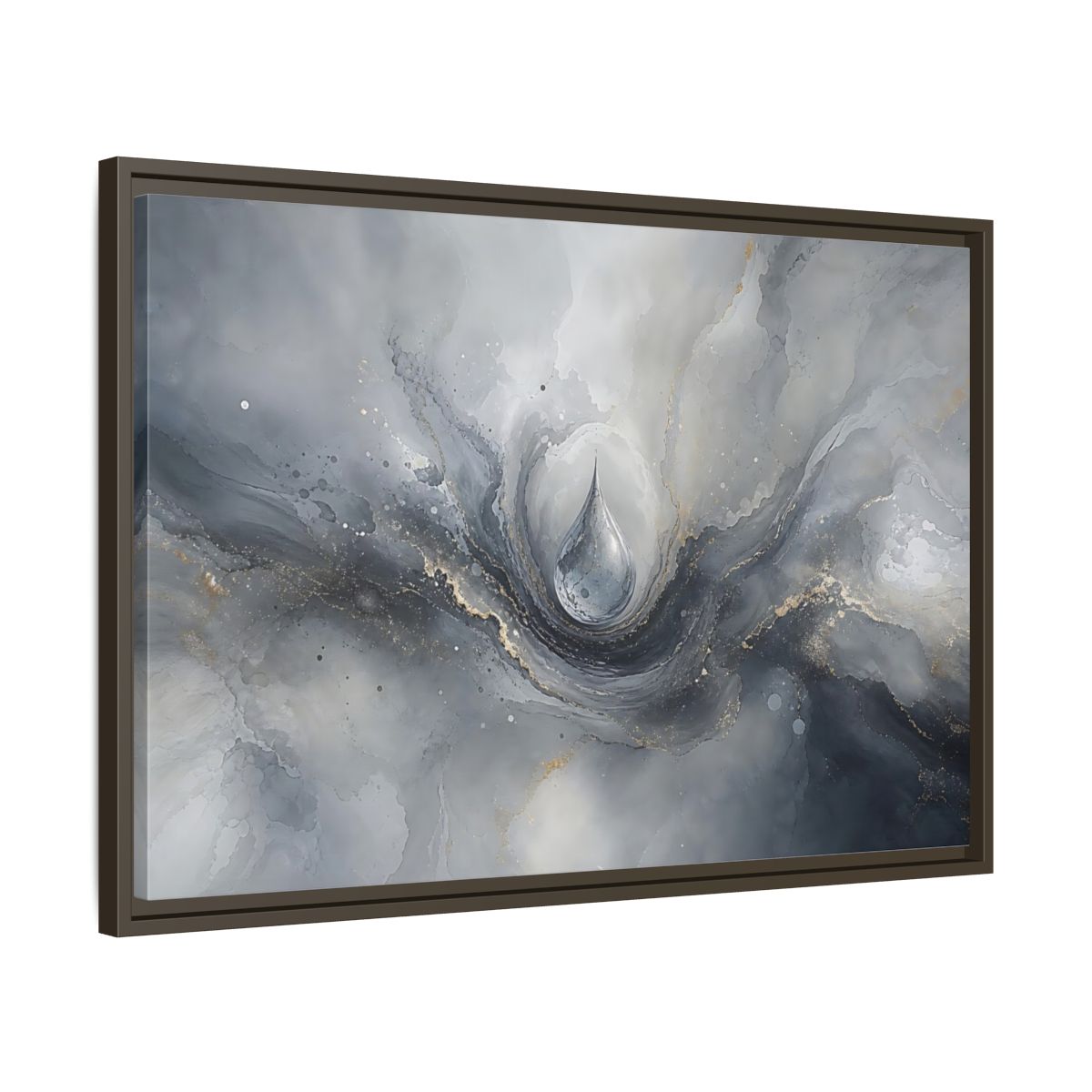 Side Mockup 11. Abstract Water Drop Gray And Gold shown as stretched canvas wall art
