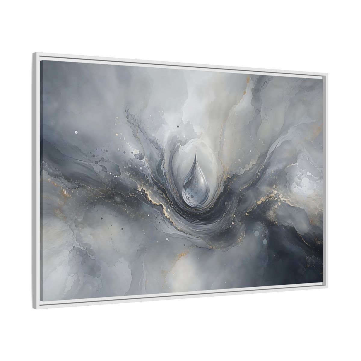 Side Mockup 7. Abstract Water Drop Gray And Gold shown as stretched canvas wall art
