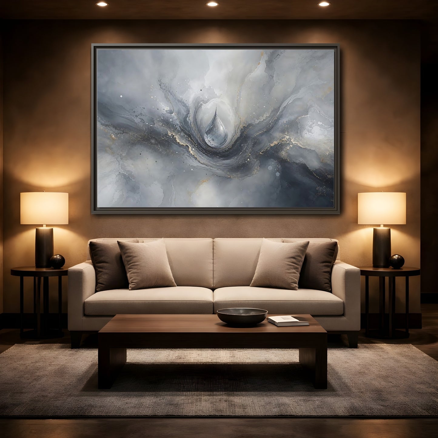 Mockup 2. Abstract Water Drop Gray And Gold shown as stretched canvas wall art