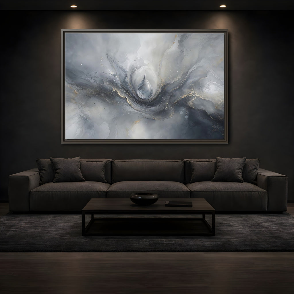 Mockup 3. Abstract Water Drop Gray And Gold shown as stretched canvas wall art