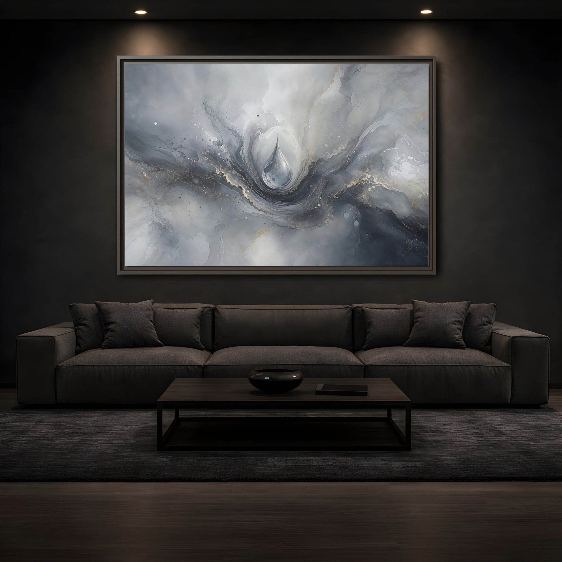Mockup 3. Abstract Water Drop Gray And Gold shown as stretched canvas wall art