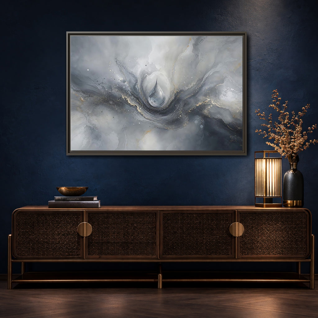Mockup 4. Abstract Water Drop Gray And Gold shown as stretched canvas wall art