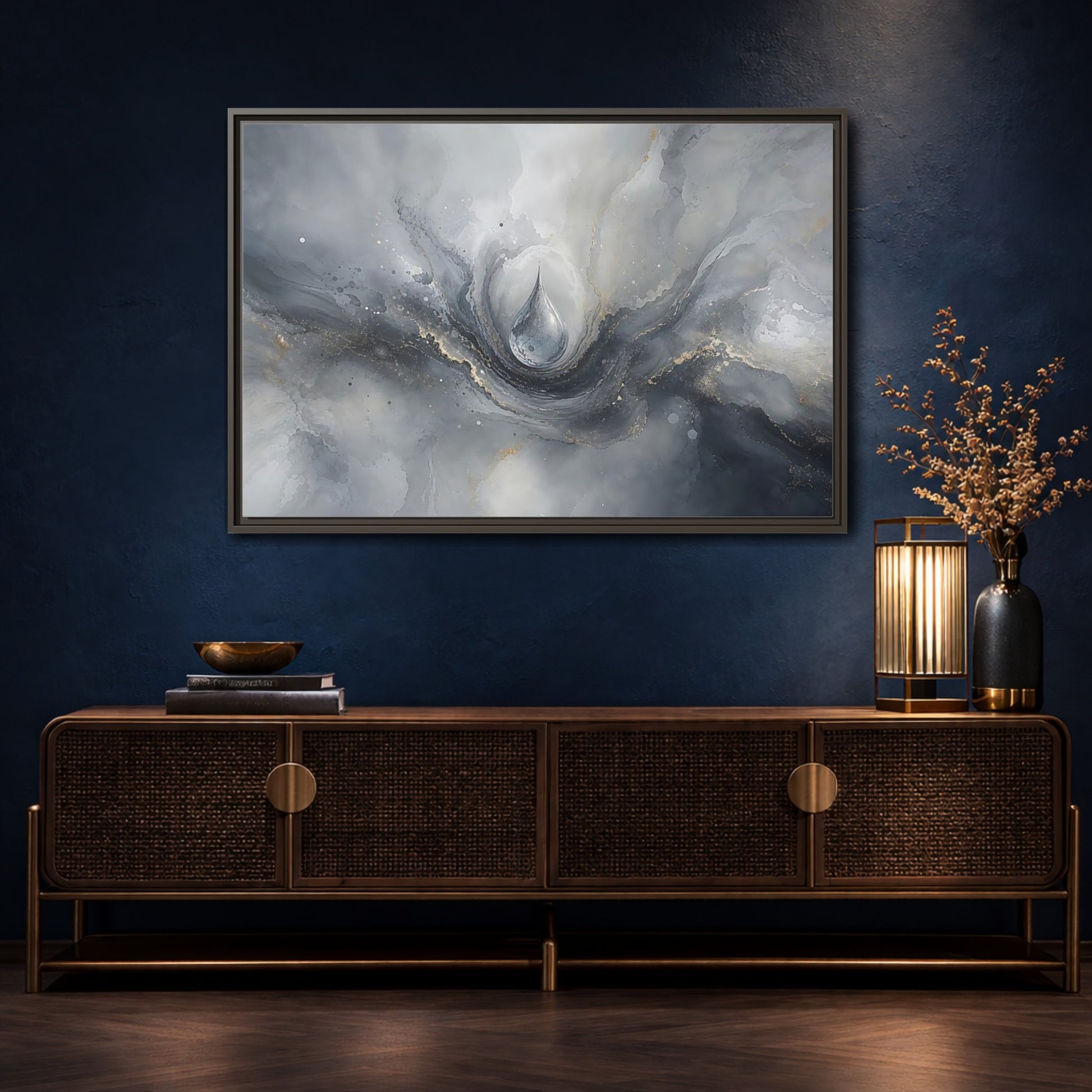 Mockup 4. Abstract Water Drop Gray And Gold shown as stretched canvas wall art