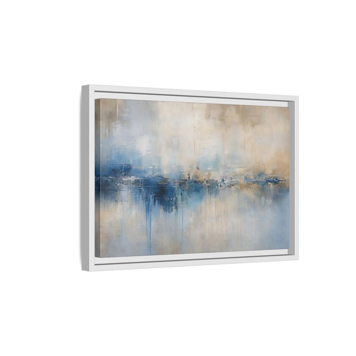 Side Mockup 4. Abstract Abstract Waterscape Blue And Beige Abstract shown as stretched canvas wall art