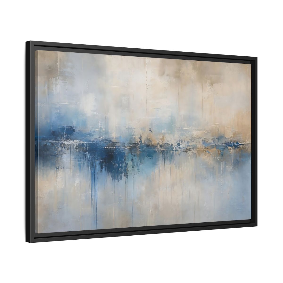 Side Mockup 14. Abstract Abstract Waterscape Blue And Beige Abstract shown as stretched canvas wall art