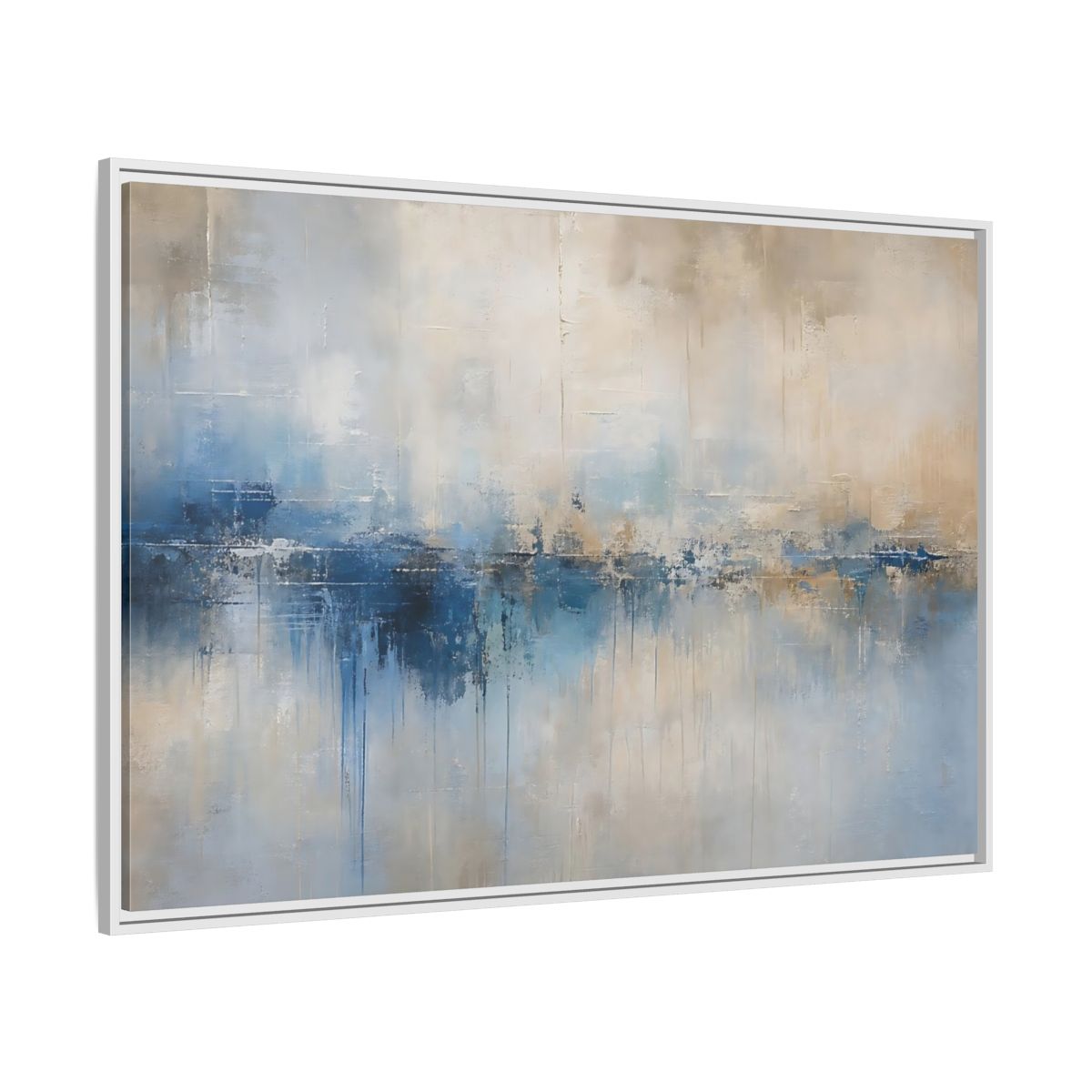 Side Mockup 7. Abstract Abstract Waterscape Blue And Beige Abstract shown as stretched canvas wall art
