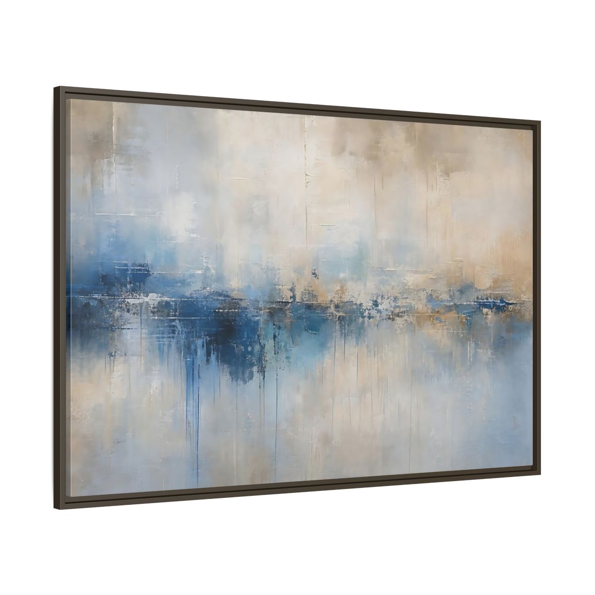 Side Mockup 8. Abstract Abstract Waterscape Blue And Beige Abstract shown as stretched canvas wall art