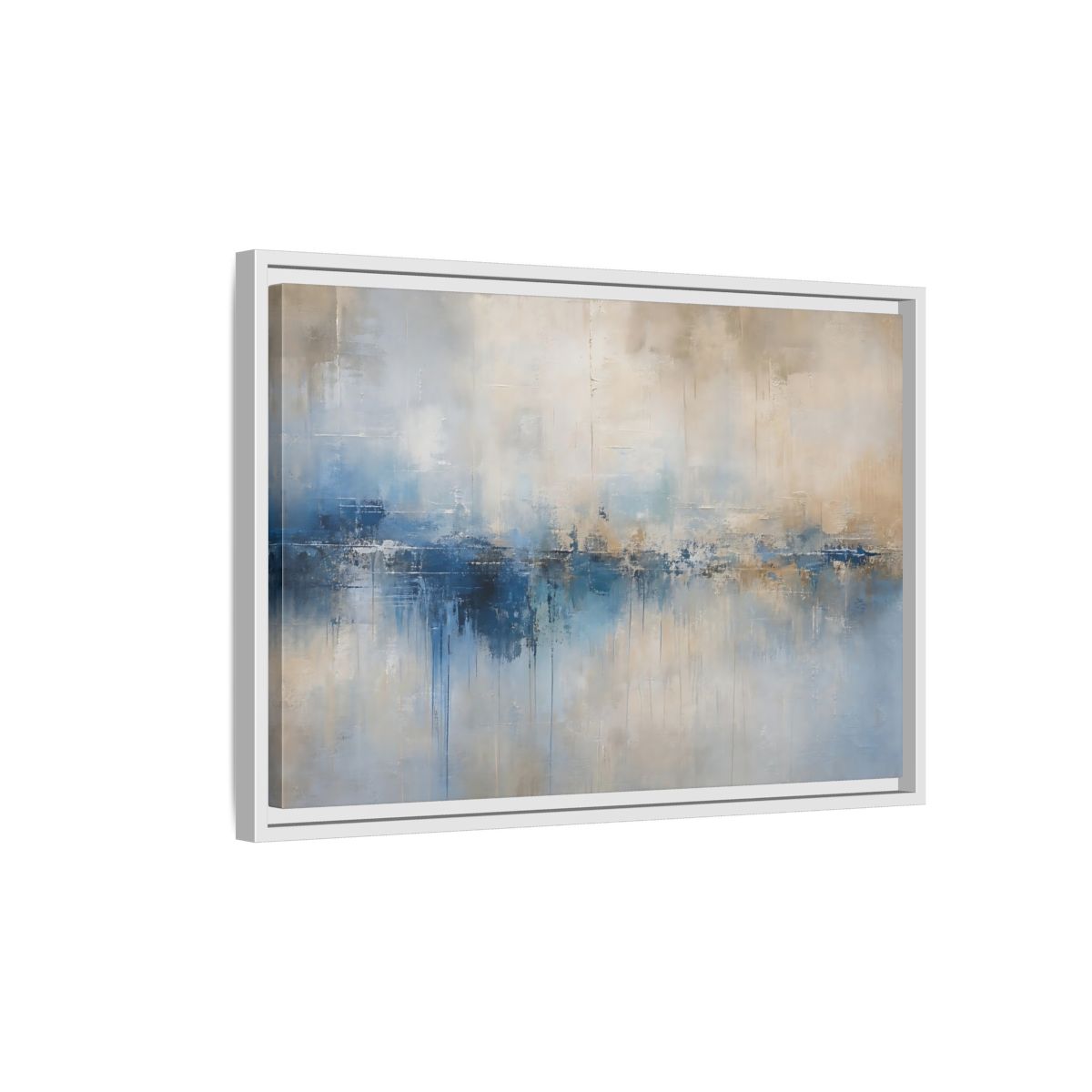 Side Mockup 1. Abstract Abstract Waterscape Blue And Beige Abstract shown as stretched canvas wall art