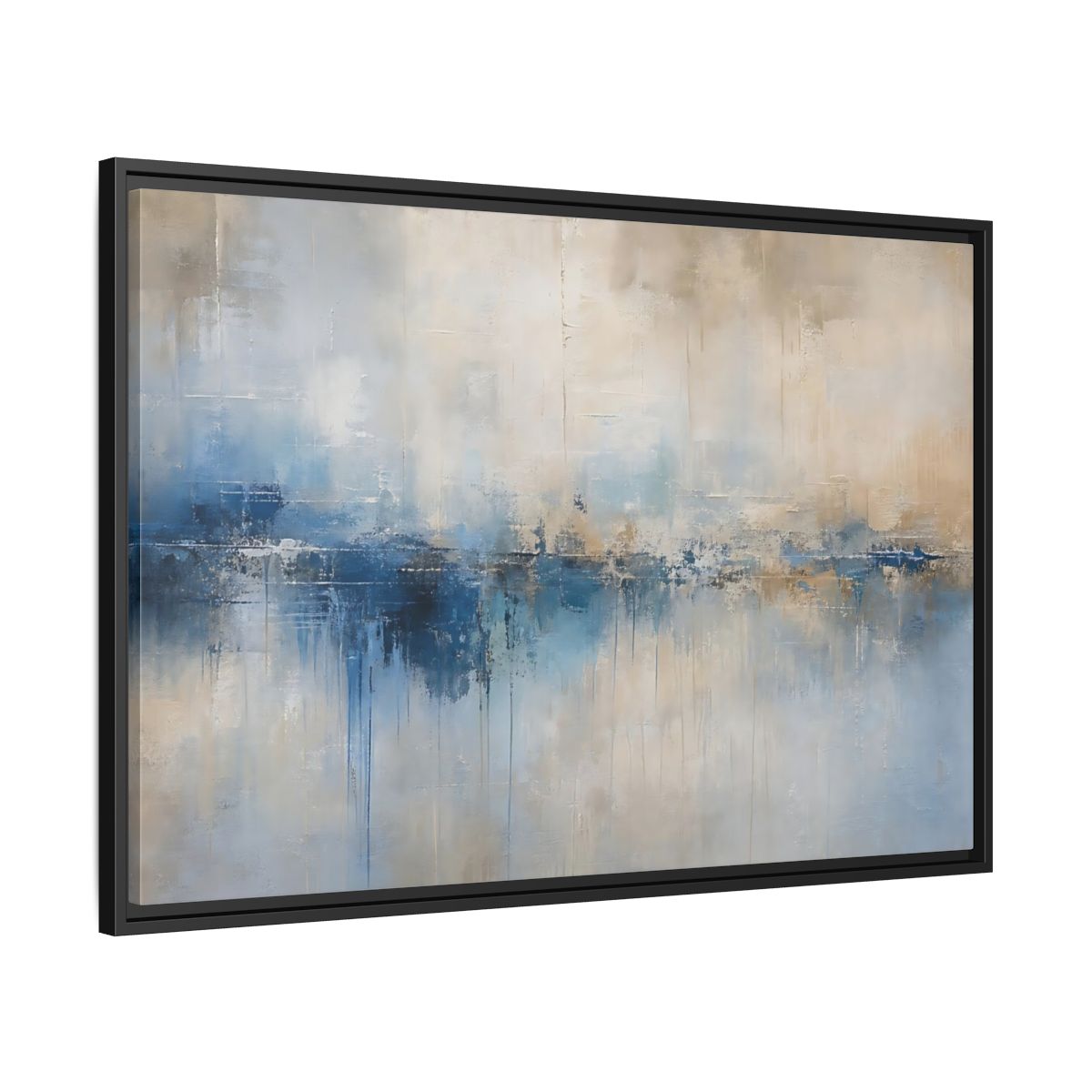 Side Mockup 13. Abstract Abstract Waterscape Blue And Beige Abstract shown as stretched canvas wall art