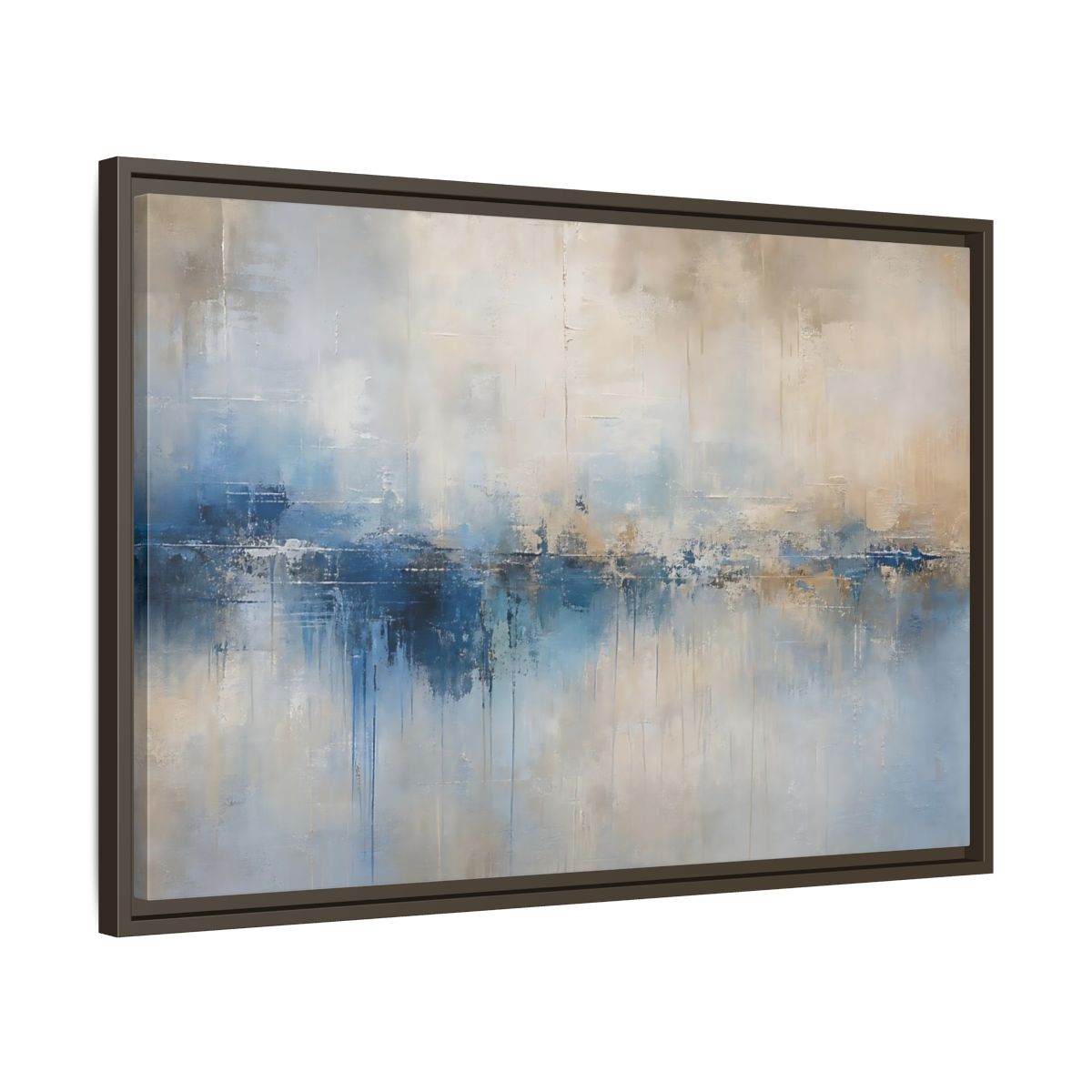 Side Mockup 11. Abstract Abstract Waterscape Blue And Beige Abstract shown as stretched canvas wall art
