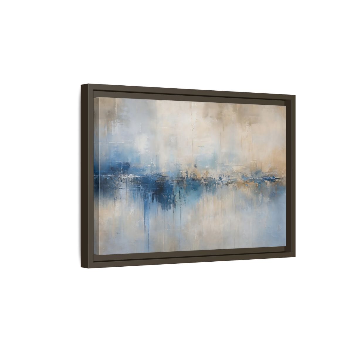Side Mockup 5. Abstract Abstract Waterscape Blue And Beige Abstract shown as stretched canvas wall art