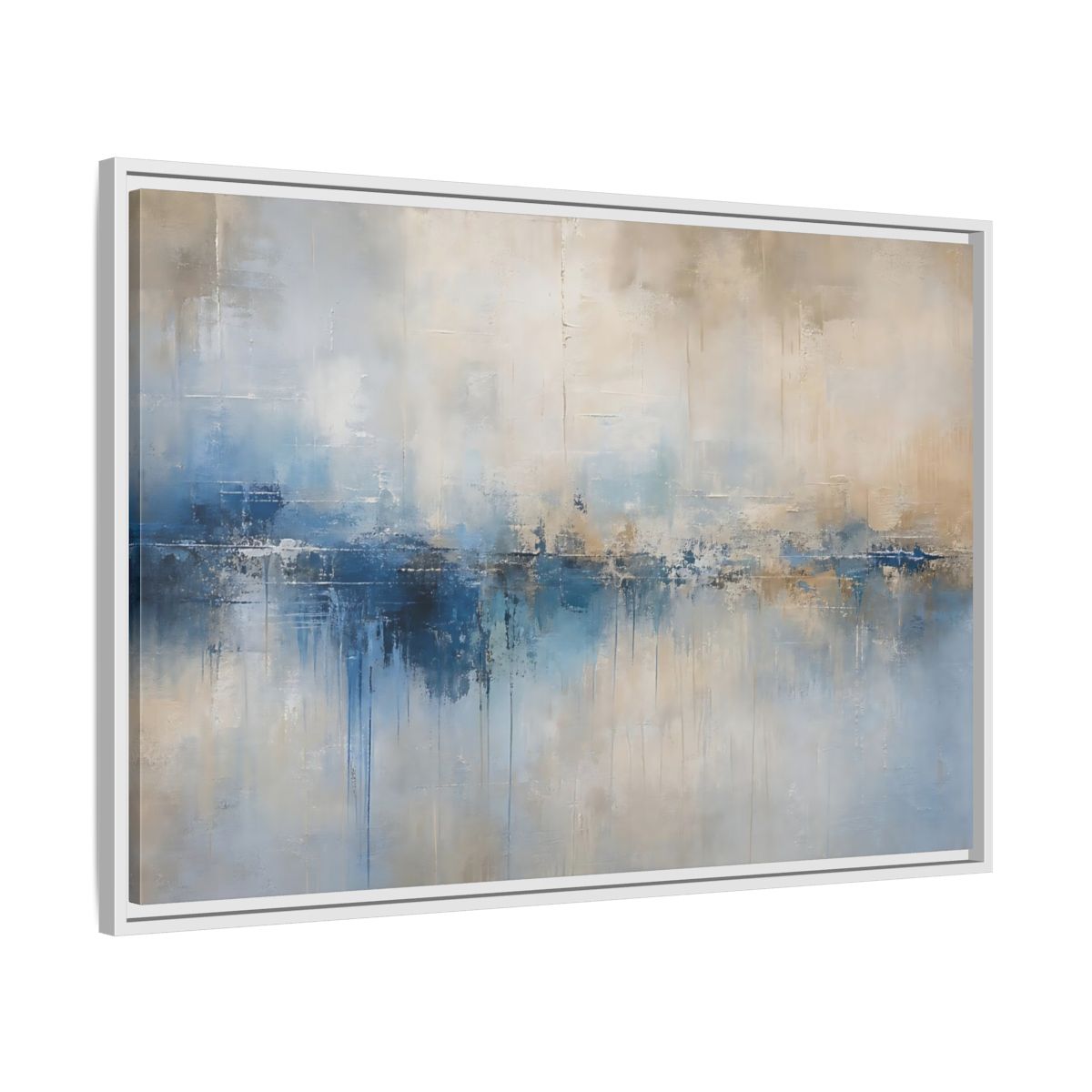 Side Mockup 9. Abstract Abstract Waterscape Blue And Beige Abstract shown as stretched canvas wall art