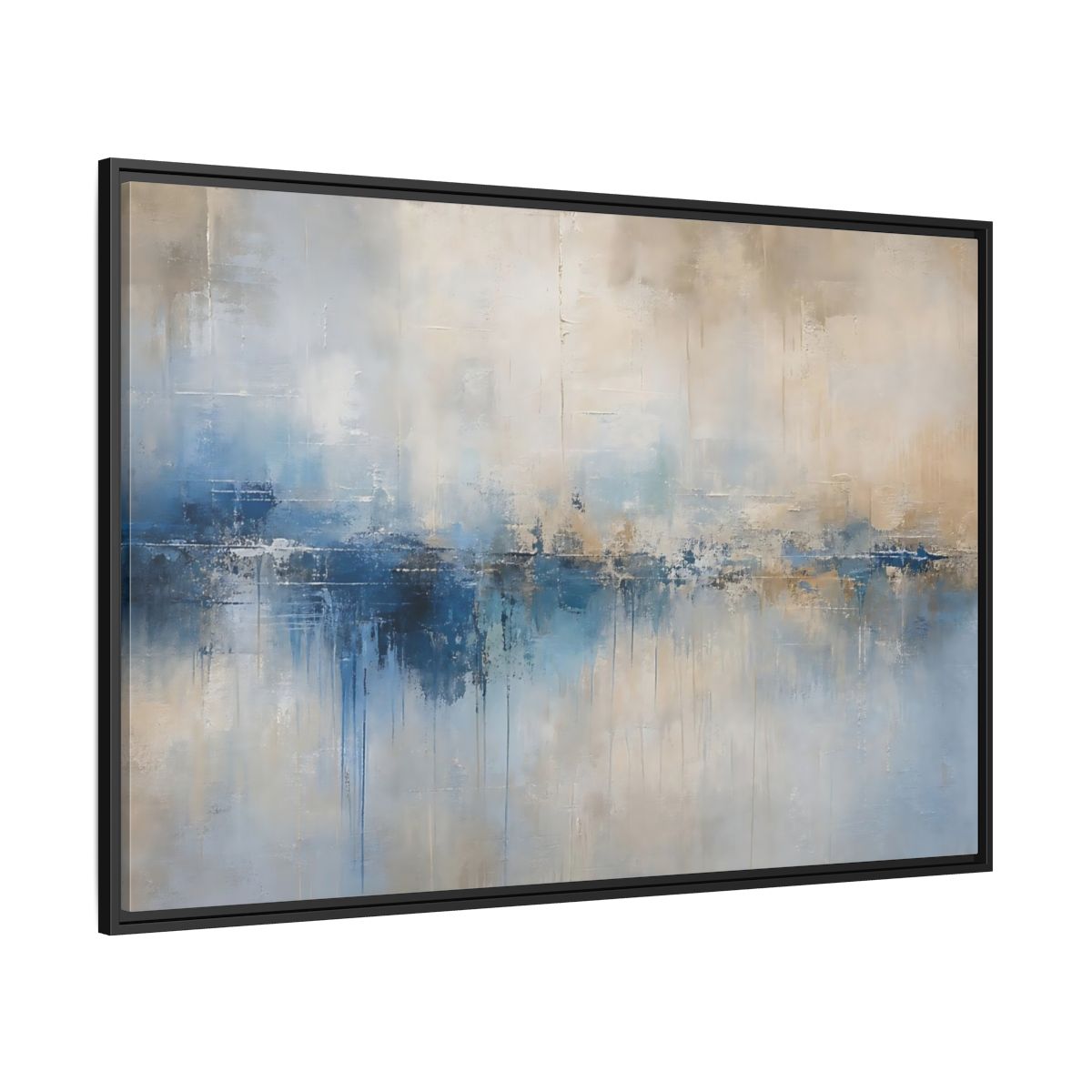 Side Mockup 12. Abstract Abstract Waterscape Blue And Beige Abstract shown as stretched canvas wall art