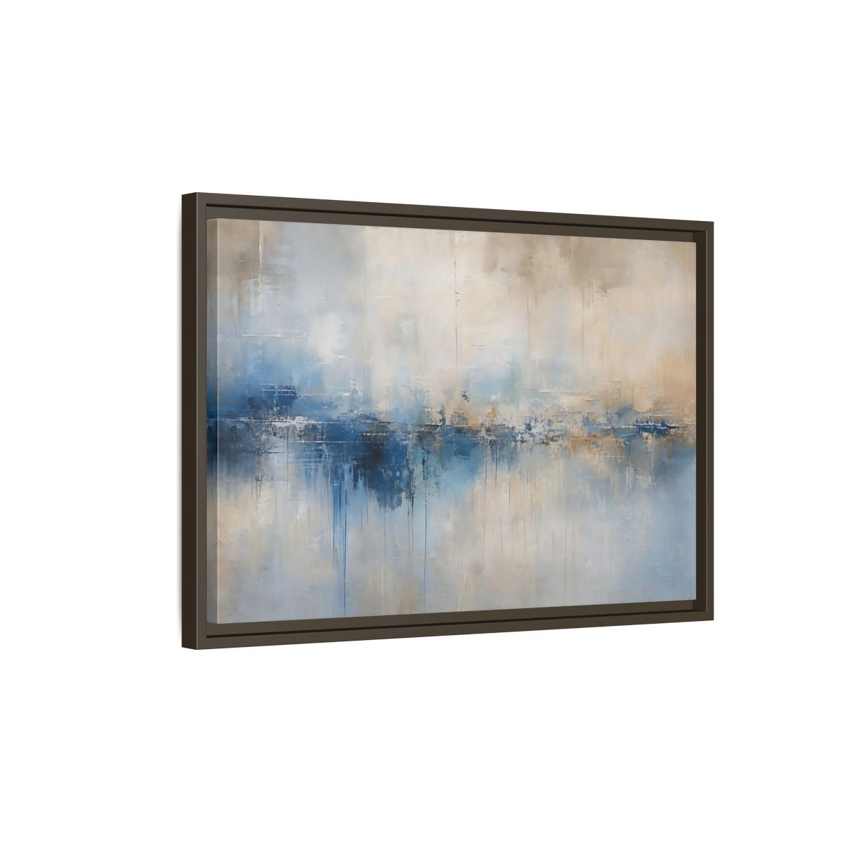 Side Mockup 2. Abstract Abstract Waterscape Blue And Beige Abstract shown as stretched canvas wall art