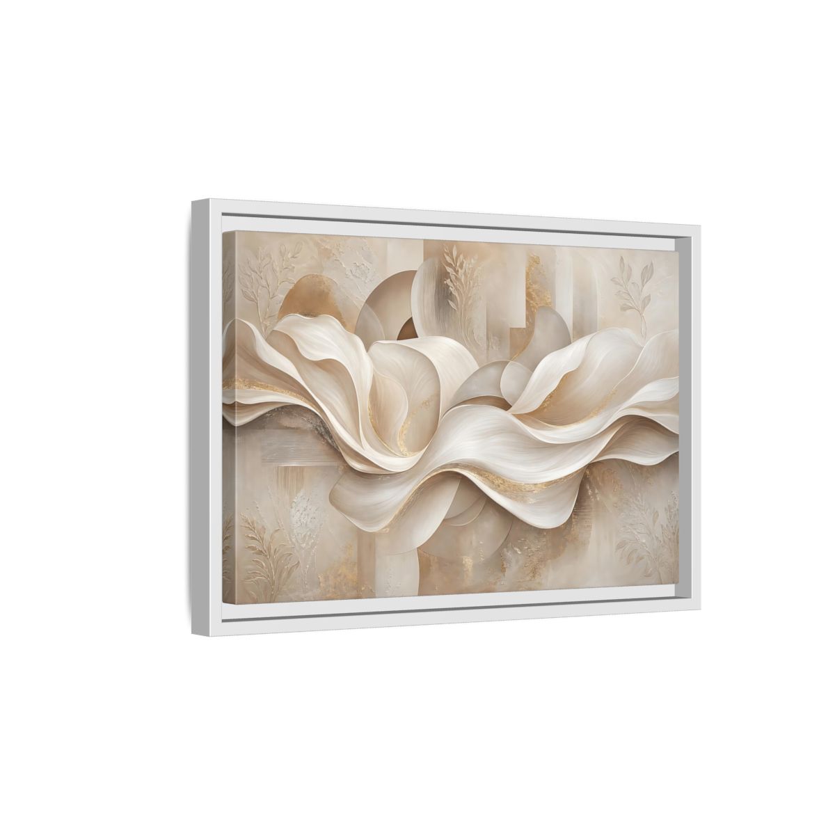 Side Mockup 4. Abstract Abstract Waves Beige Gold Abstract shown as stretched canvas wall art
