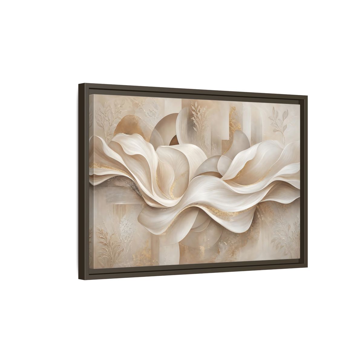 Side Mockup 2. Abstract Abstract Waves Beige Gold Abstract shown as stretched canvas wall art