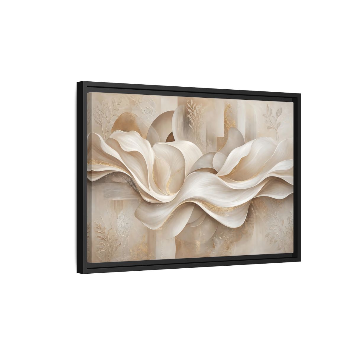 Side Mockup 3. Abstract Abstract Waves Beige Gold Abstract shown as stretched canvas wall art