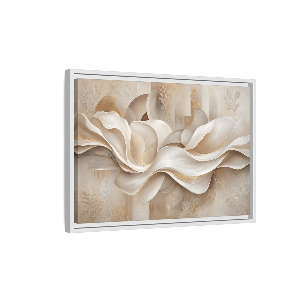 Side Mockup 1. Abstract Abstract Waves Beige Gold Abstract shown as stretched canvas wall art