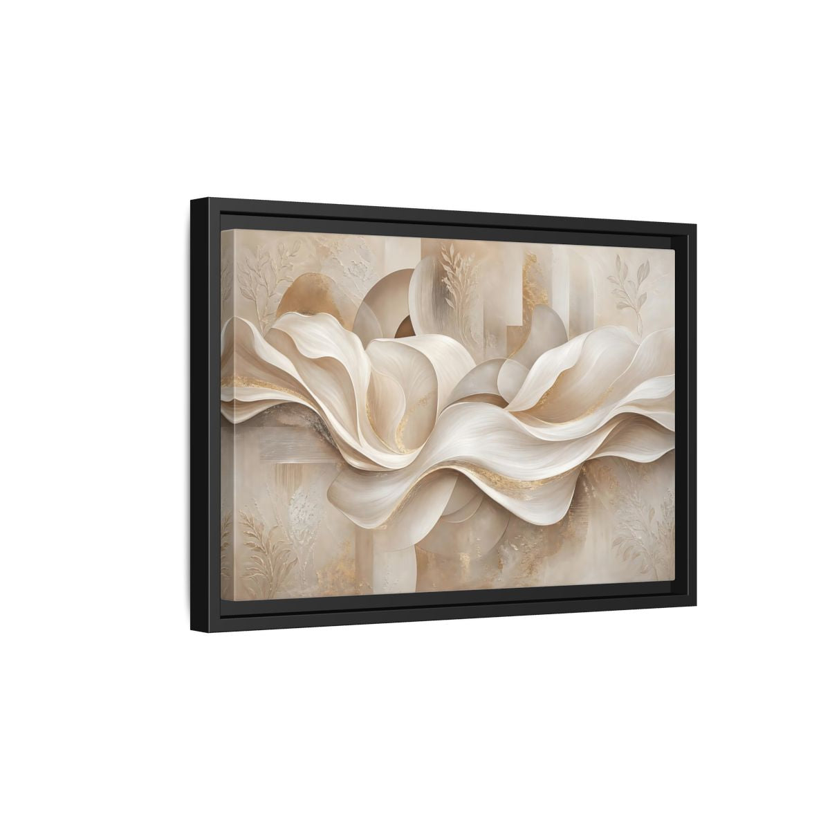 Side Mockup 6. Abstract Abstract Waves Beige Gold Abstract shown as stretched canvas wall art