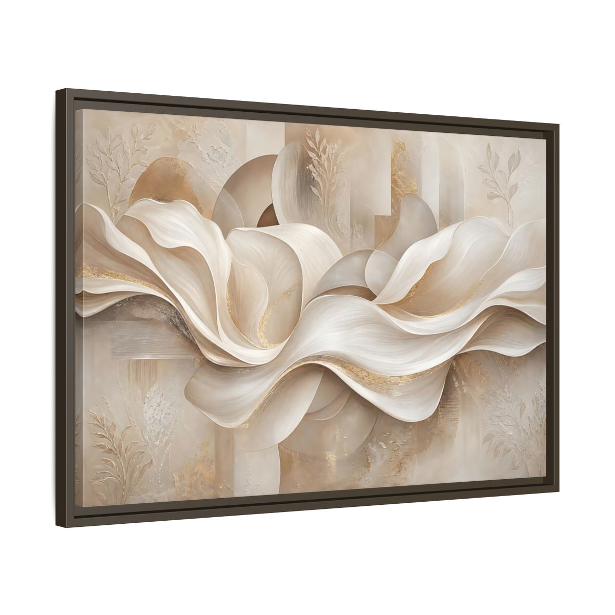 Side Mockup 11. Abstract Abstract Waves Beige Gold Abstract shown as stretched canvas wall art