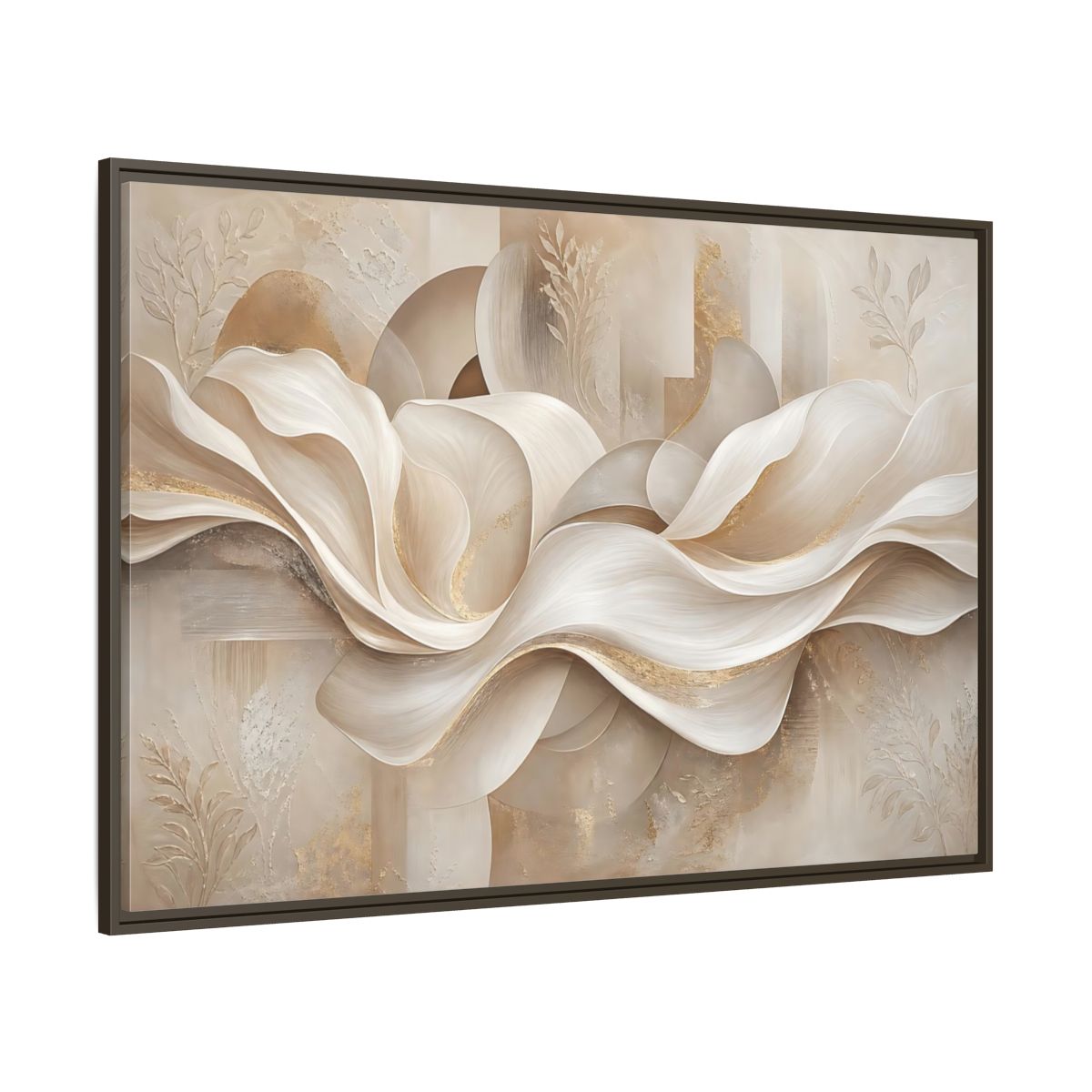 Side Mockup 8. Abstract Abstract Waves Beige Gold Abstract shown as stretched canvas wall art