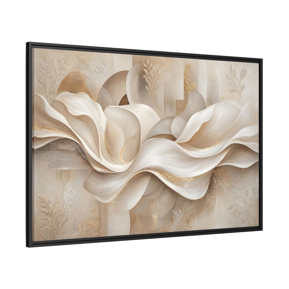 Side Mockup 12. Abstract Abstract Waves Beige Gold Abstract shown as stretched canvas wall art