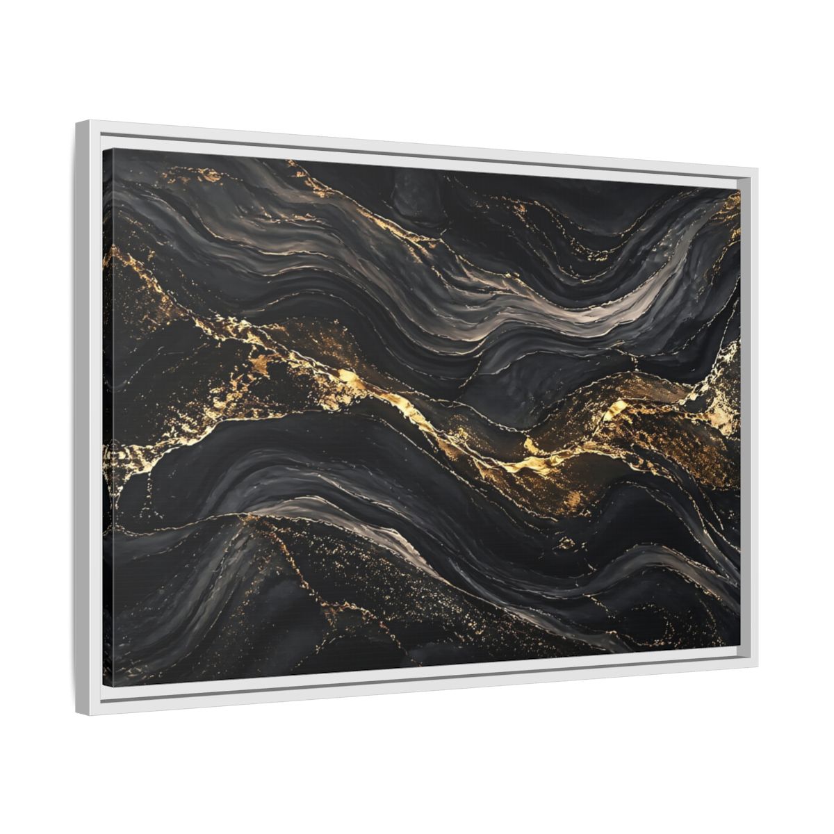 Side Mockup 10. Abstract Abstract Waves Black And Gold shown as stretched canvas wall art