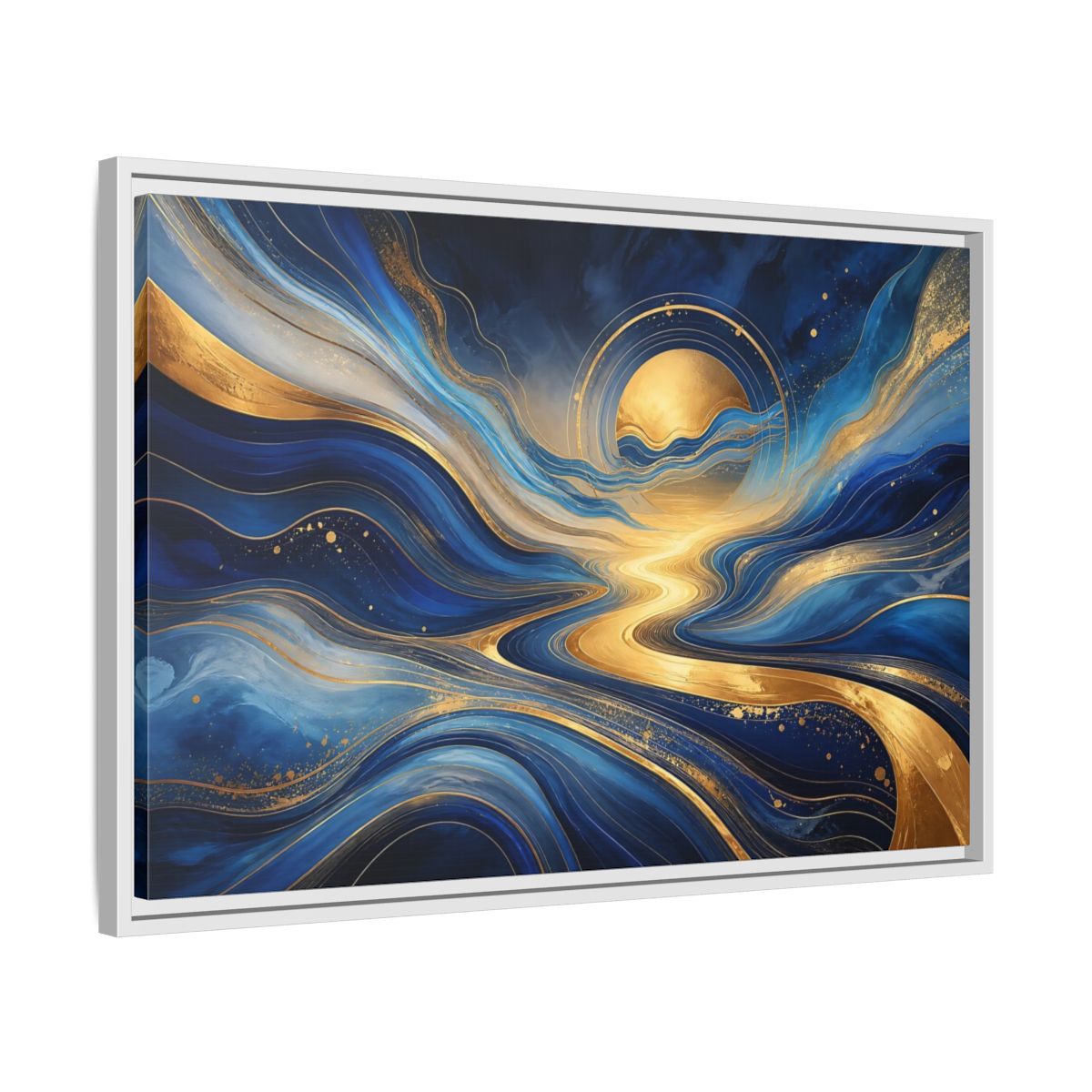 Side Mockup 10. Abstract Abstract Waves Blue And Gold shown as stretched canvas wall art