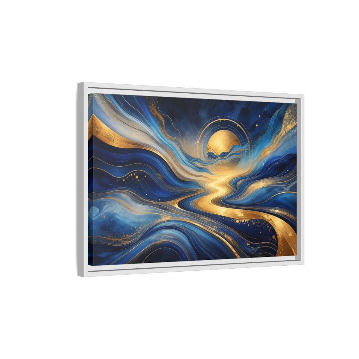 Side Mockup 1. Abstract Abstract Waves Blue And Gold shown as stretched canvas wall art
