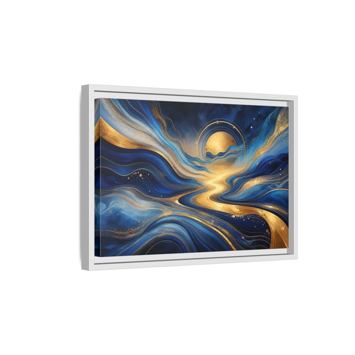 Side Mockup 4. Abstract Abstract Waves Blue And Gold shown as stretched canvas wall art