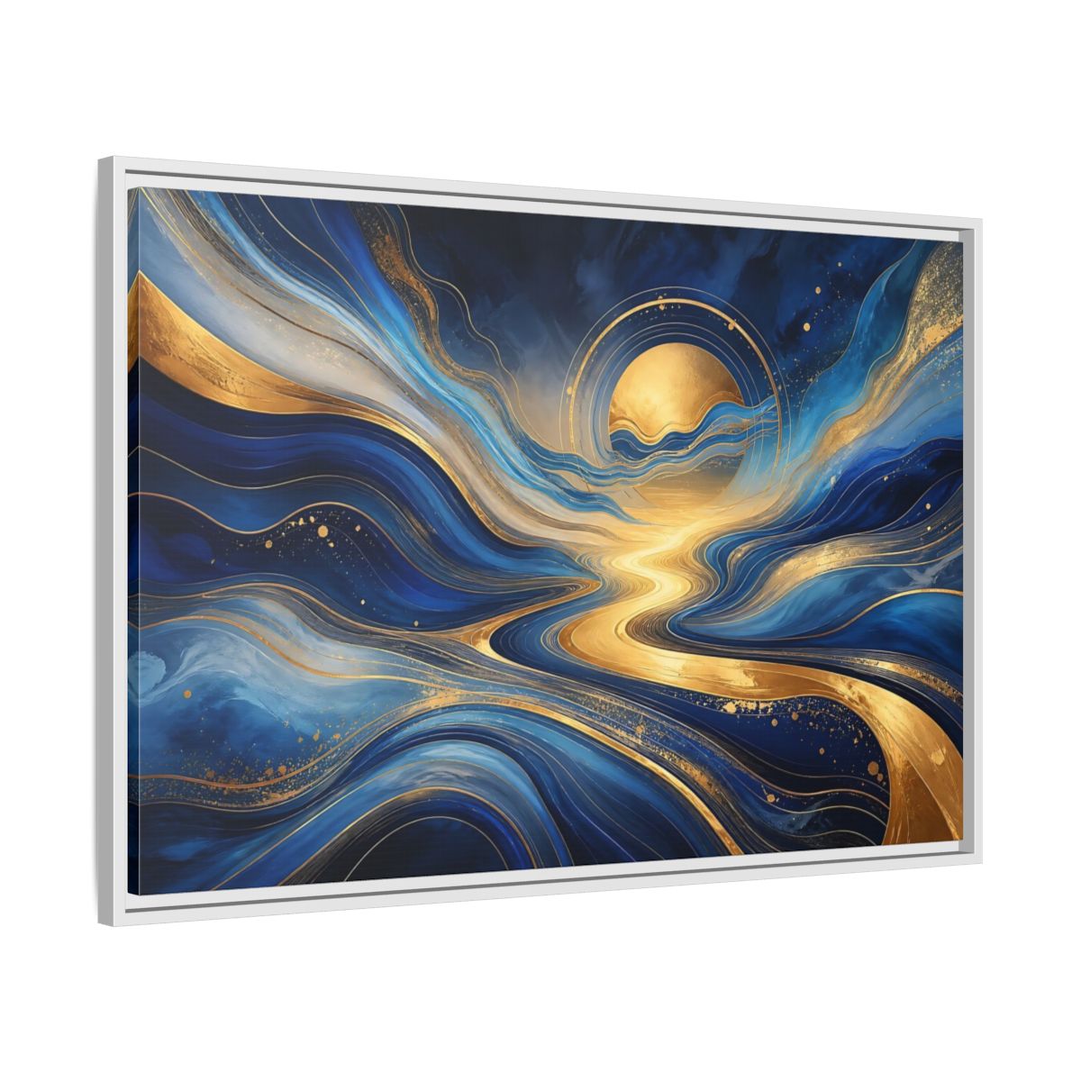 Side Mockup 9. Abstract Abstract Waves Blue And Gold shown as stretched canvas wall art