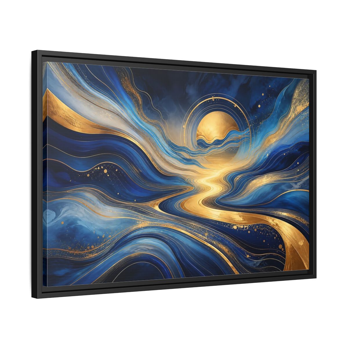 Side Mockup 14. Abstract Abstract Waves Blue And Gold shown as stretched canvas wall art