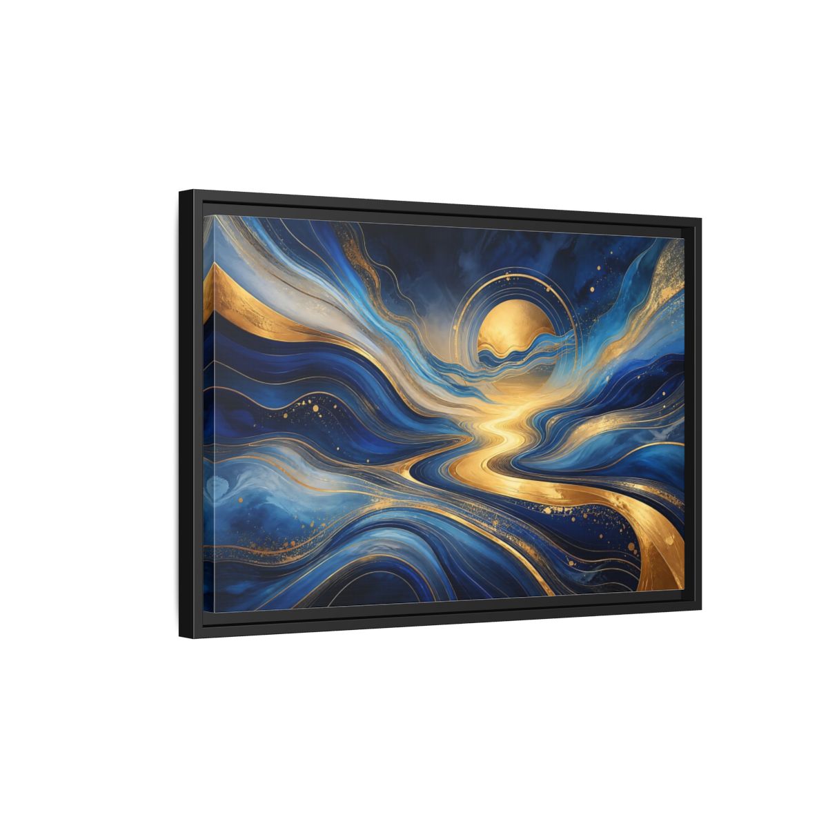 Side Mockup 3. Abstract Abstract Waves Blue And Gold shown as stretched canvas wall art