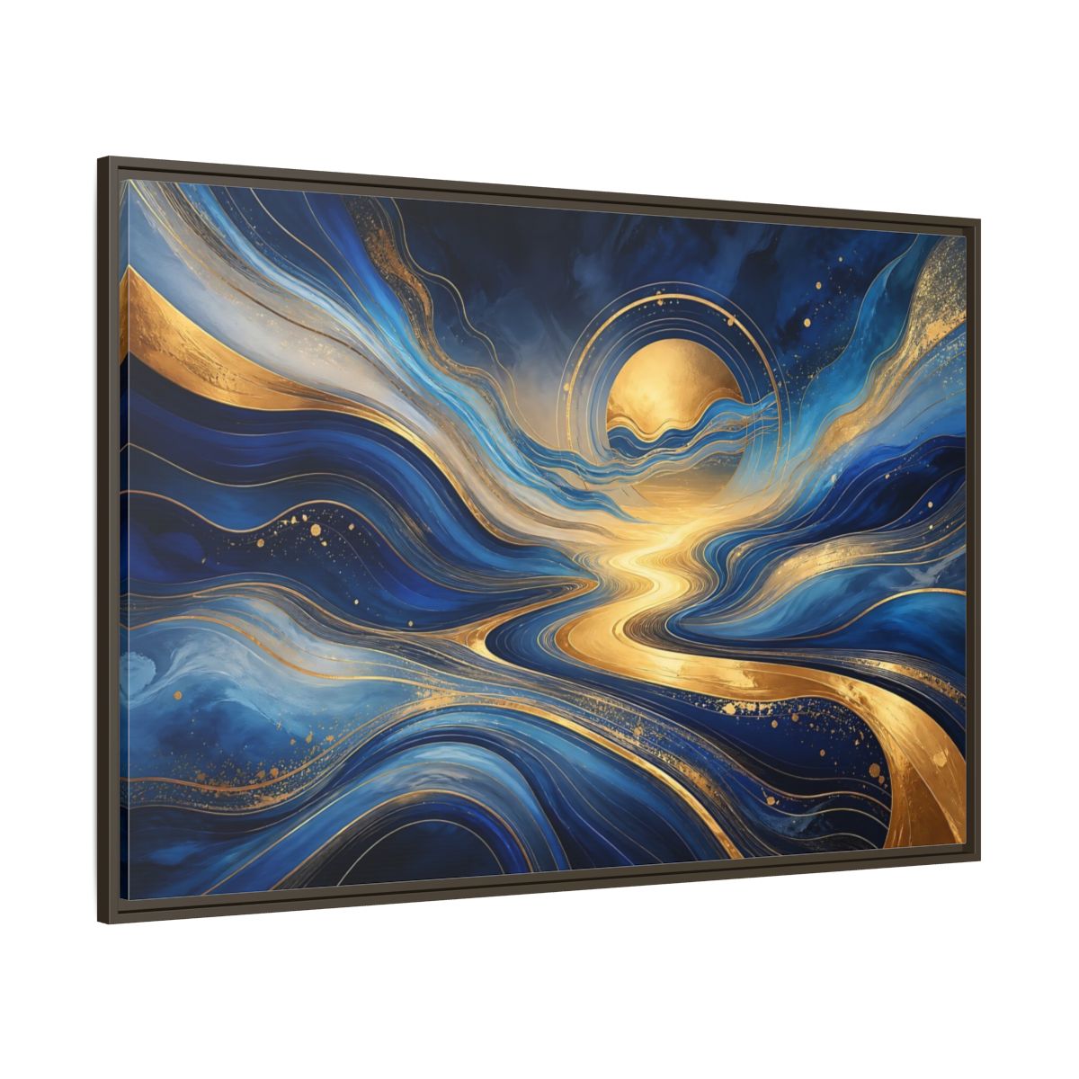 Side Mockup 8. Abstract Abstract Waves Blue And Gold shown as stretched canvas wall art