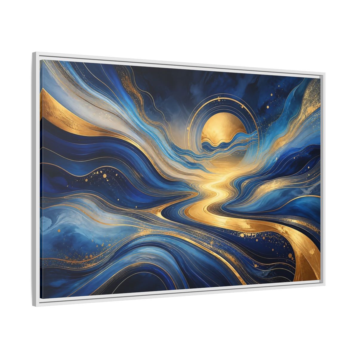 Side Mockup 7. Abstract Abstract Waves Blue And Gold shown as stretched canvas wall art