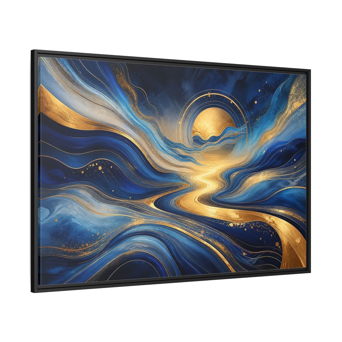 Side Mockup 12. Abstract Abstract Waves Blue And Gold shown as stretched canvas wall art
