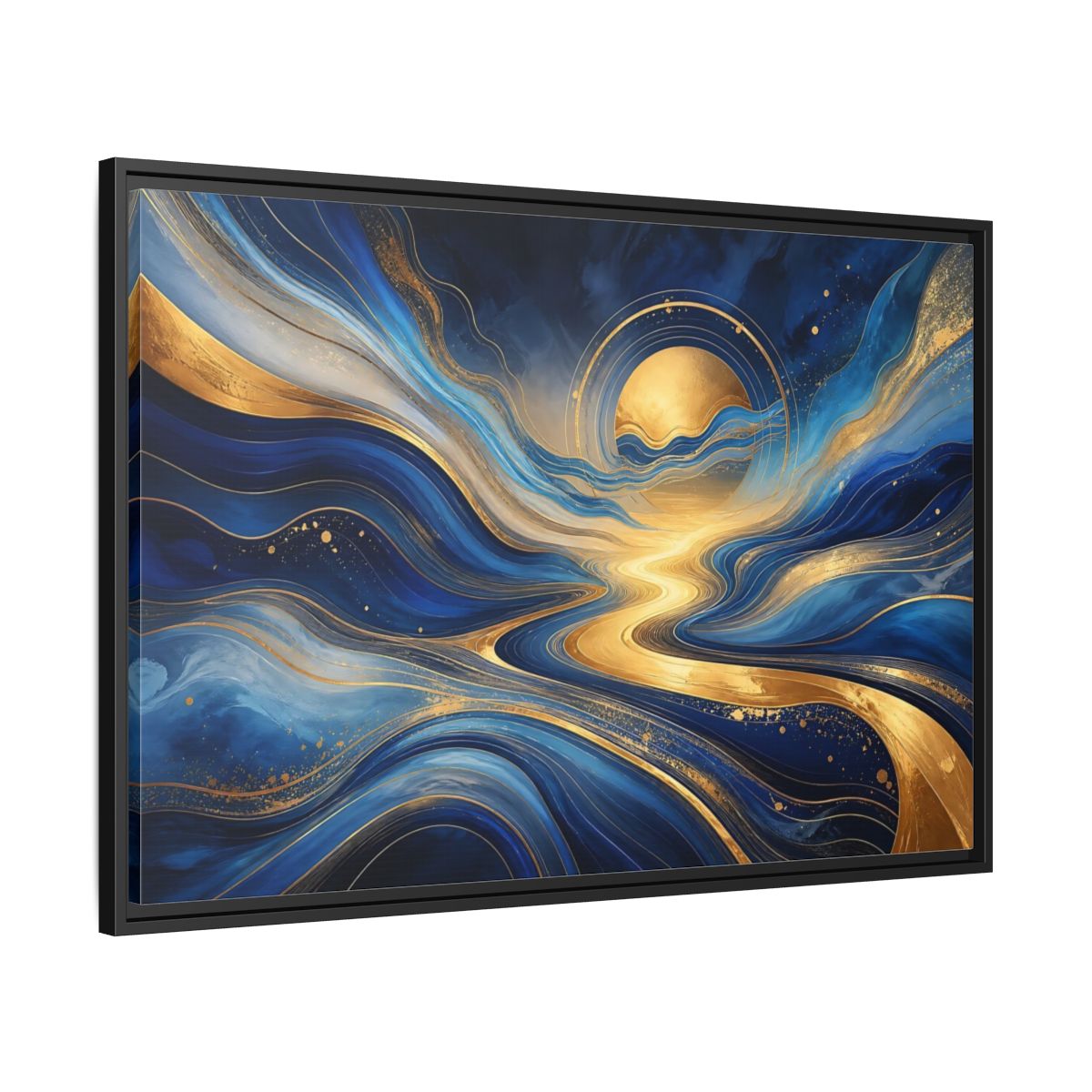 Side Mockup 13. Abstract Abstract Waves Blue And Gold shown as stretched canvas wall art