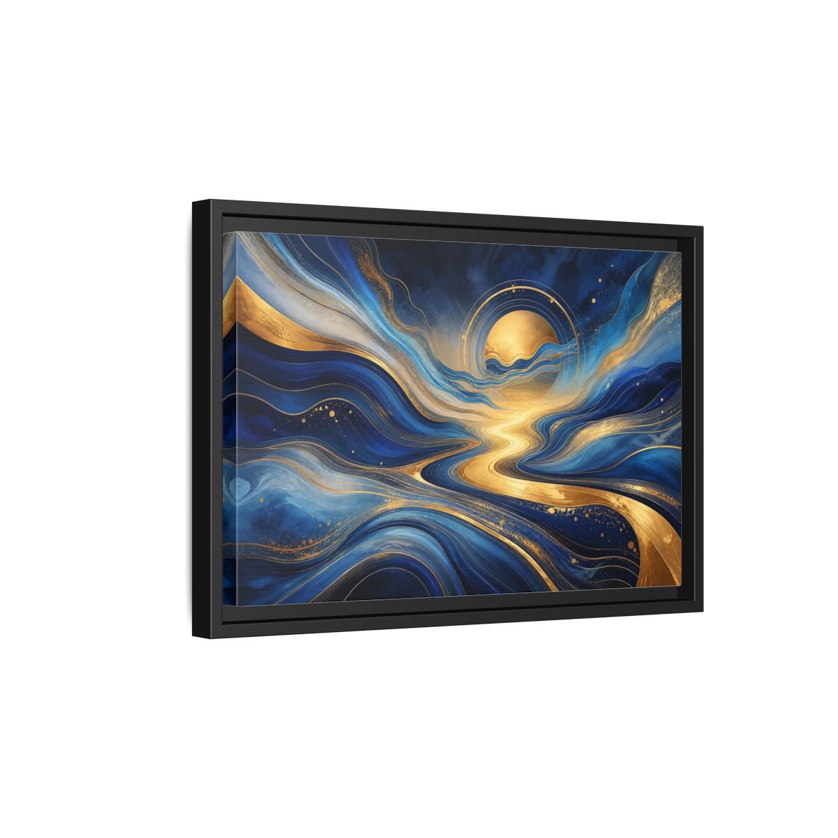 Side Mockup 6. Abstract Abstract Waves Blue And Gold shown as stretched canvas wall art