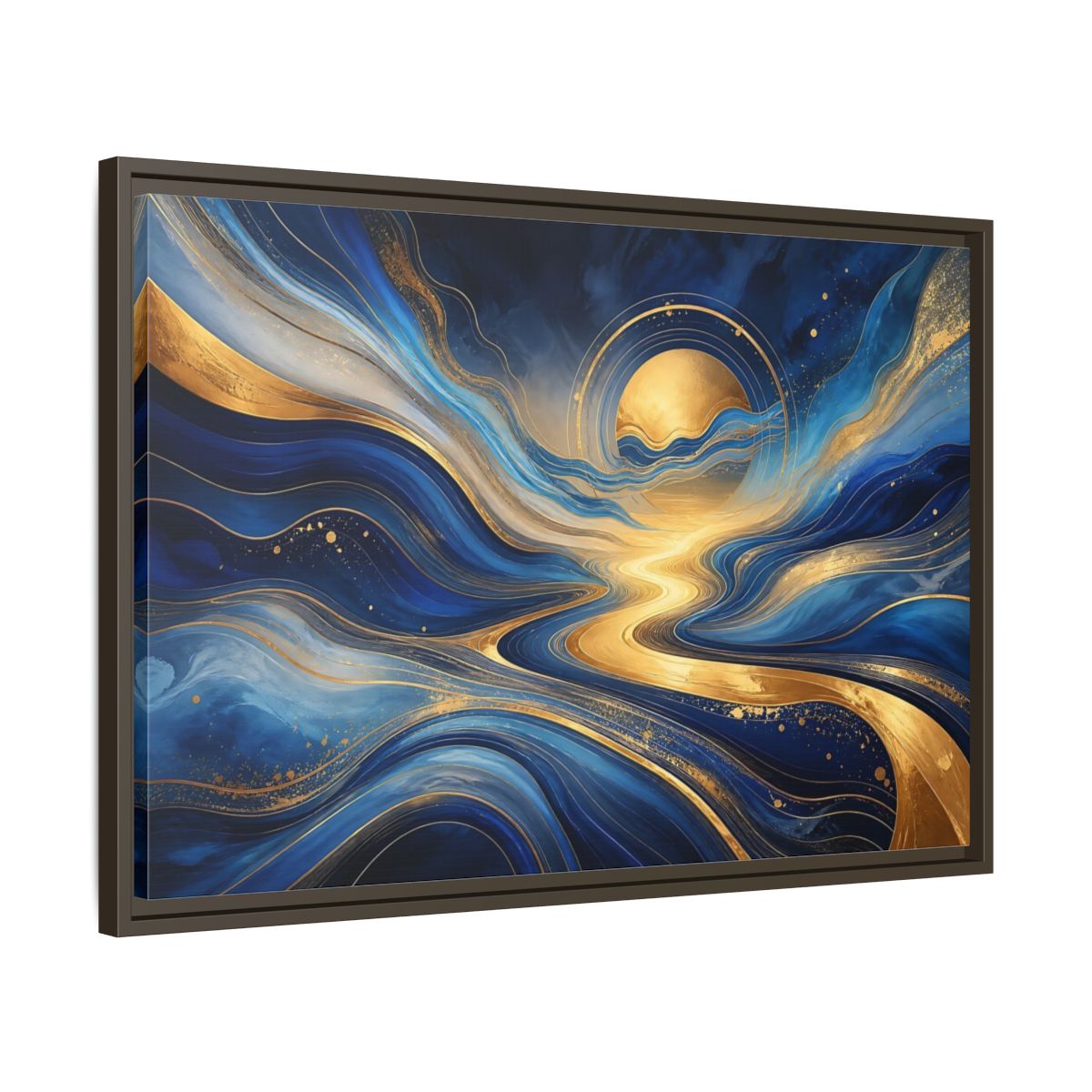 Side Mockup 11. Abstract Abstract Waves Blue And Gold shown as stretched canvas wall art
