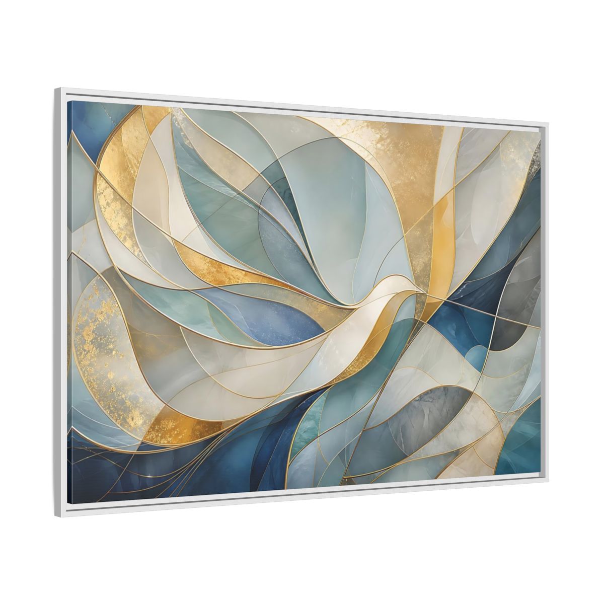 Side Mockup 7. Abstract Abstract Waves Blue And Gold shown as stretched canvas wall art