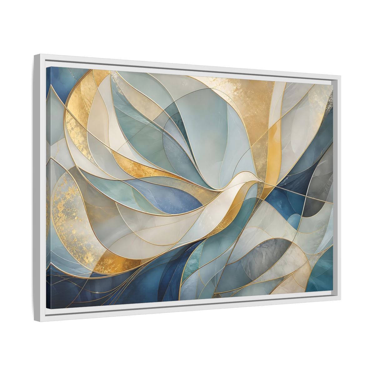 Side Mockup 10. Abstract Abstract Waves Blue And Gold shown as stretched canvas wall art