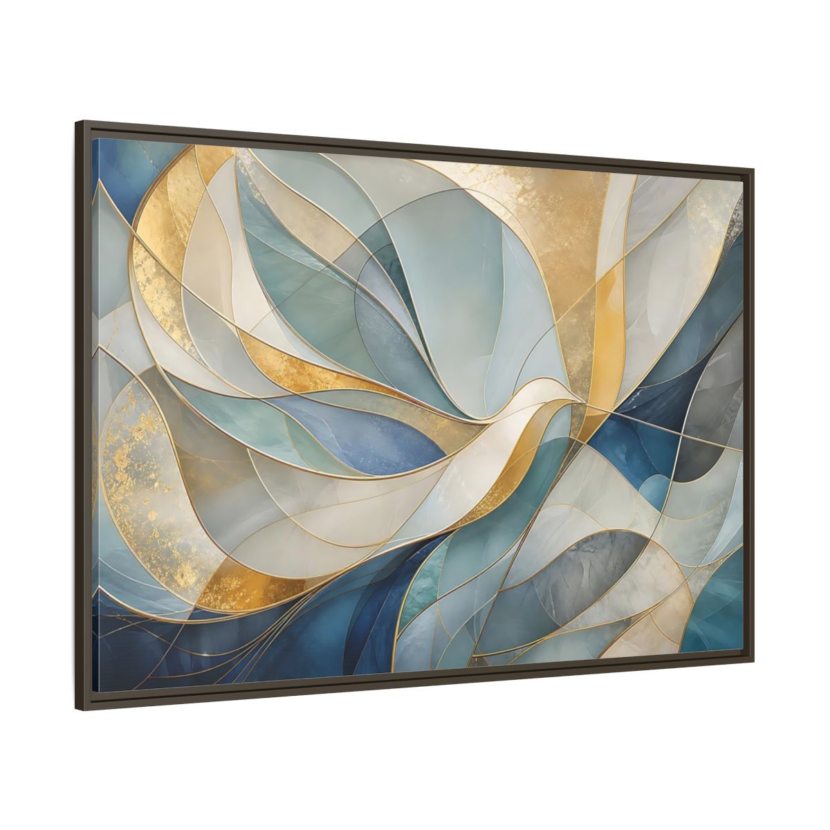 Side Mockup 8. Abstract Abstract Waves Blue And Gold shown as stretched canvas wall art