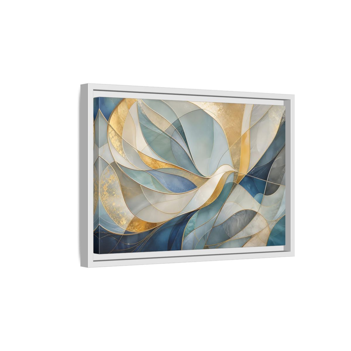 Side Mockup 4. Abstract Abstract Waves Blue And Gold shown as stretched canvas wall art