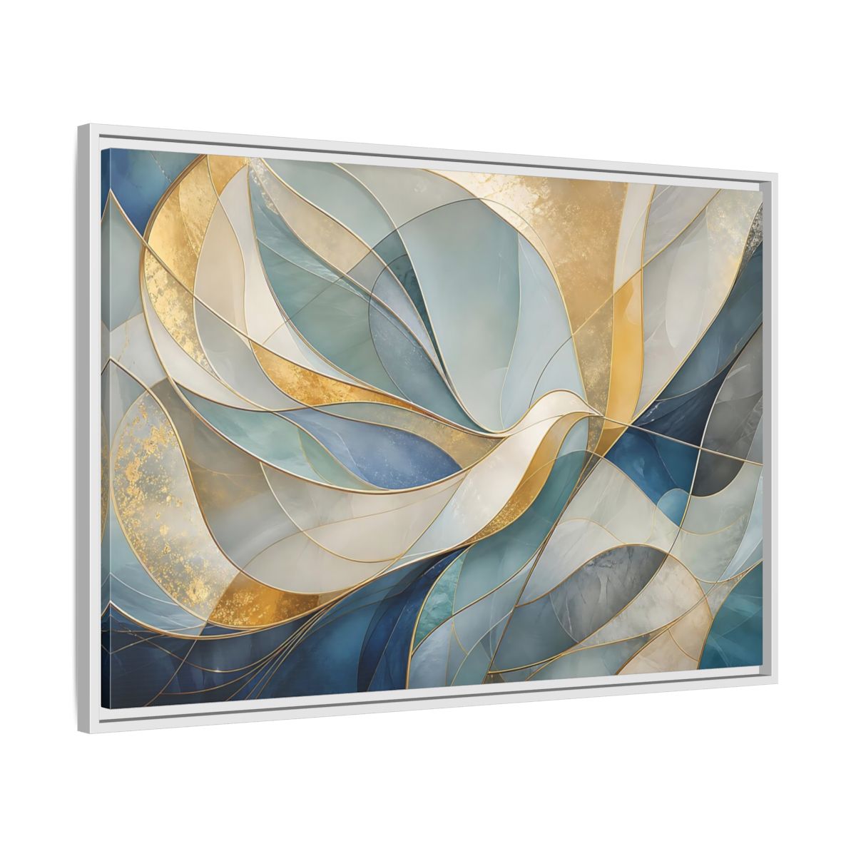 Side Mockup 9. Abstract Abstract Waves Blue And Gold shown as stretched canvas wall art