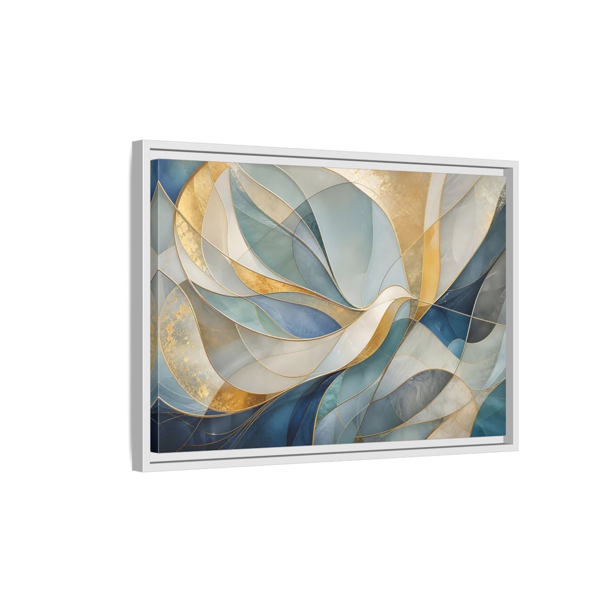Side Mockup 1. Abstract Abstract Waves Blue And Gold shown as stretched canvas wall art
